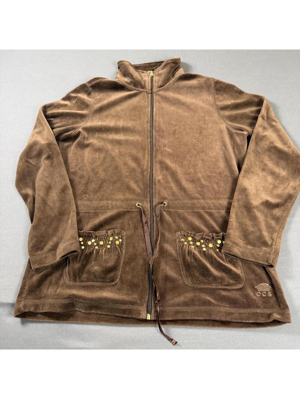 Women's Brown Oleg Cassini Sport Fleece With Rhinestone Zip Up Size Small